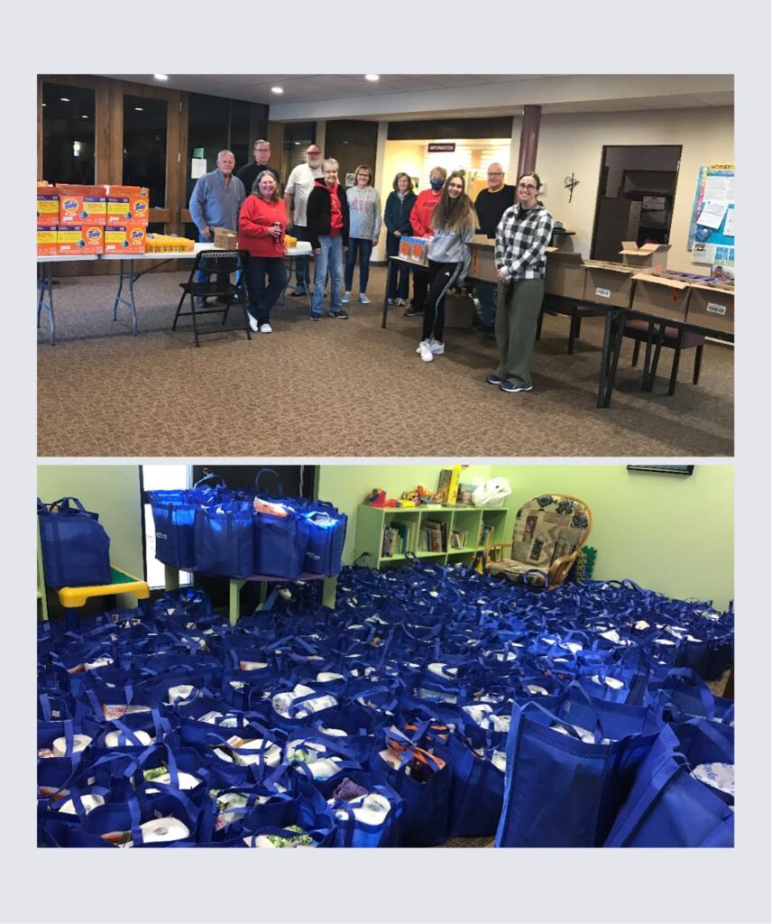 Photo of group of volunteers at church. Photo of many blue bags filled with pantry items